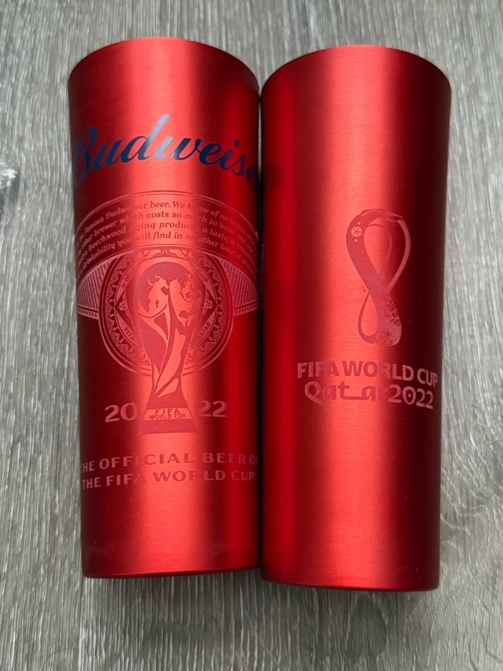 Pair of FIFA World Cup Qatar 2022 Budweiser Original Aluminum Tumblers Glasses - Picture 2 of 3
